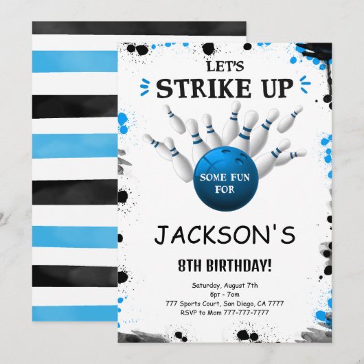 Blauw bewerkbare bowling uitnodiging (Voorkant / Achterkant)