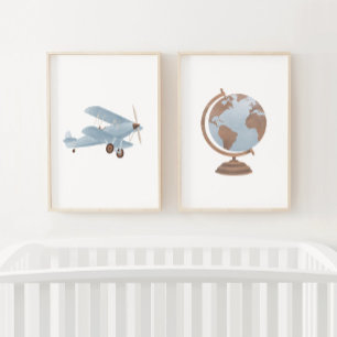 Blauw Biplane en Wereldbol Reizen Kinderkamer Deco Muurkunst Sets