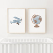 Blauw Biplane en Wereldbol Reizen Kinderkamer Deco Muurkunst Sets