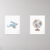Blauw Biplane en Wereldbol Reizen Kinderkamer Deco Muurkunst Sets (Voorkant)