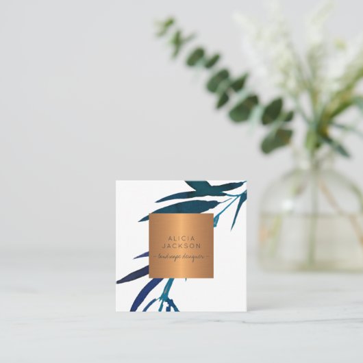 Blauw blad koperen roos gouden landschapsontwerper vierkante visitekaartje (Staand voorkant)