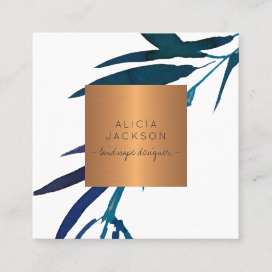 Blauw blad koperen roos gouden landschapsontwerper vierkante visitekaartje (Voorkant)