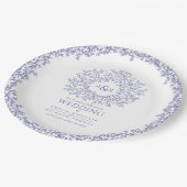 blauw blad - monogram bruiloft papieren bordje (Gekanteld)