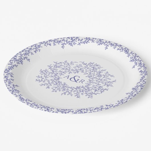 blauw blad - monogram bruiloft papieren bordje (Gekanteld)