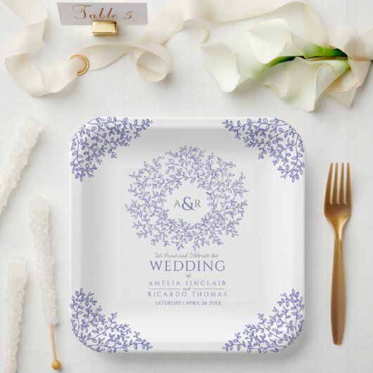 blauw blad - monogram bruiloft papieren bordje (Huwelijk)