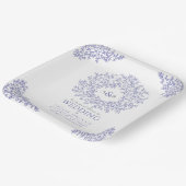 blauw blad - monogram bruiloft papieren bordje (Gebogen)