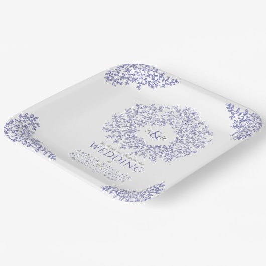 blauw blad - monogram bruiloft papieren bordje (Gebogen)