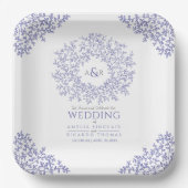 blauw blad - monogram bruiloft papieren bordje (Voorkant)