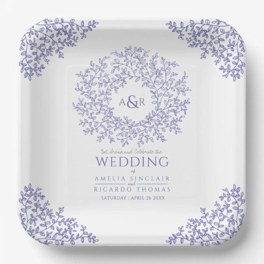 blauw blad - monogram bruiloft papieren bordje (Voorkant)