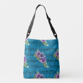 Blauw blad Muziek Paars en Blauwe Bloemen Crossbody Tas (Achterkant)