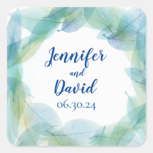Blauw blad ontwerp gepersonaliseerde trouwstickers vierkante sticker