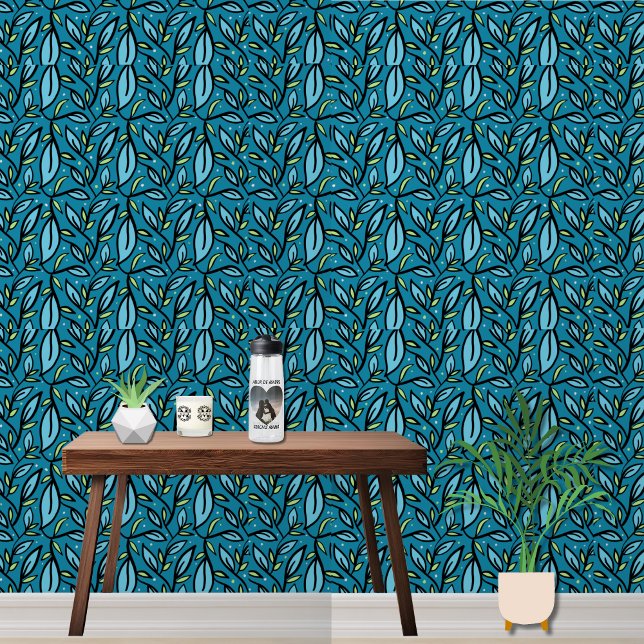 Blauw blad Patroon Behang (Blue Leaves bilingual Wallpaper, modern home decor,  add text in Spanish "multilingual Project")