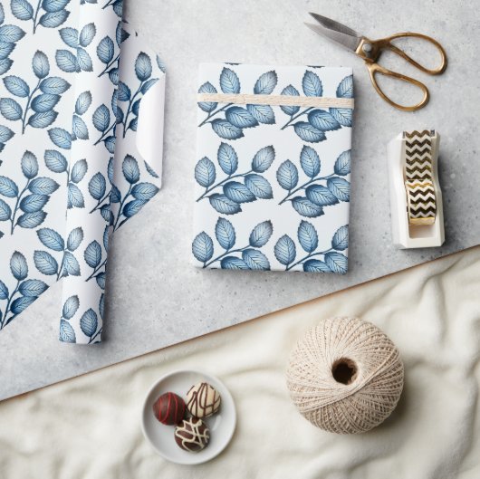 Blauw Blad Patroon Glanzend Inpakpapier (Crafts)