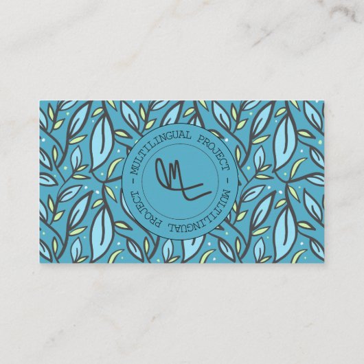 Blauw blad tweetalig visitekaartje (Achterkant)