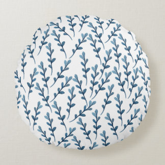 Blauw blad Waterverf Patroon - Wit Rond Kussen