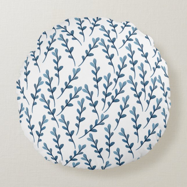 Blauw blad Waterverf Patroon - Wit Rond Kussen (Voorkant)