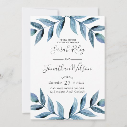 Blauw bladeren Bruiloft uitnodiging (Voorkant)
