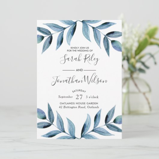 Blauw bladeren Bruiloft uitnodiging (Staand voorkant)
