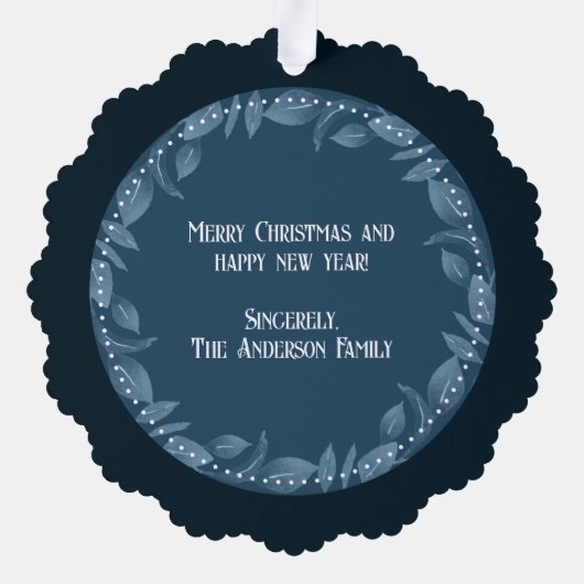 BLAUW Bladkrans Familie Foto Aangepast Ornament Kaart (Achterkant)