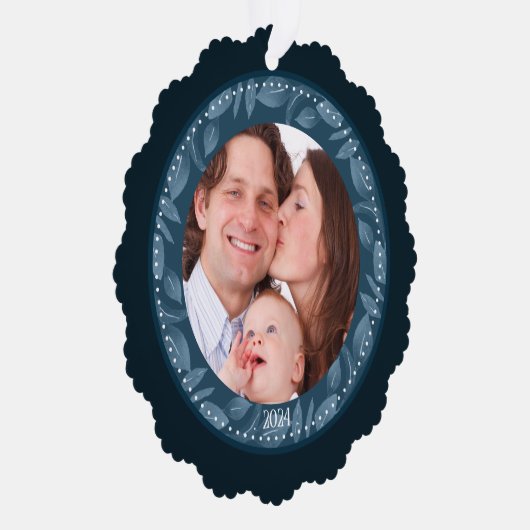 BLAUW Bladkrans Familie Foto Aangepast Ornament Kaart (Rechts)