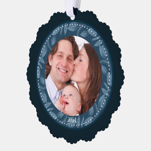 BLAUW Bladkrans Familie Foto Aangepast Ornament Kaart (Links)