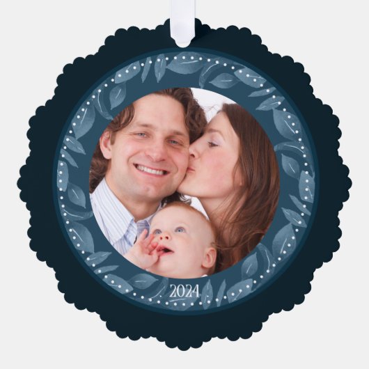 BLAUW Bladkrans Familie Foto Aangepast Ornament Kaart (Voorkant)
