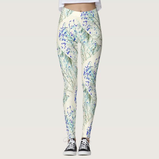 blauw bladpatroon leggings (Voorkant)
