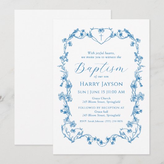 Blauw  Blauw Bloemen Lijst Doopuitnodiging Kaart (Voorkant / Achterkant)