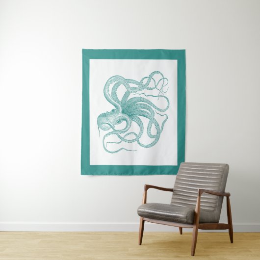 Blauw-blauwe  octopus tapijten wandkleed (In situ)