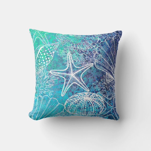 Blauw Blauwgroen Aqua Starfish Seashells Sealife C Kussen (Voorkant)