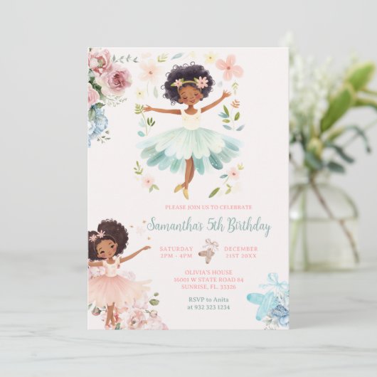 Blauw Blauwgroen Ballerina Dark Skin Girl Verjaard Kaart (Staand voorkant)