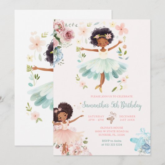 Blauw Blauwgroen Ballerina Dark Skin Girl Verjaard Kaart (Voorkant / Achterkant)