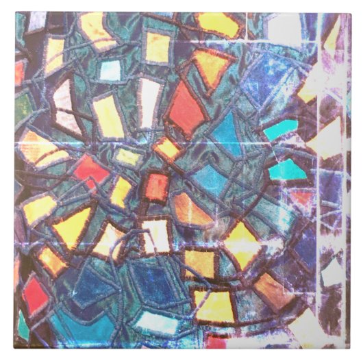 Blauw blauwgroen  distressed kleurrijk geel rood tegeltje (Voorkant)