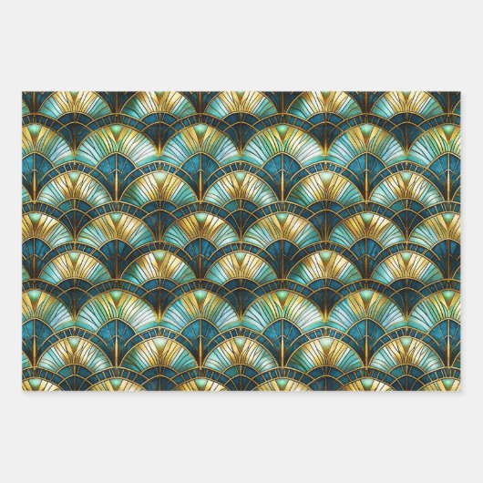 Blauw, blauwgroen en gouden Glas in lood Inpakpapier Vel (Voorkant 3)