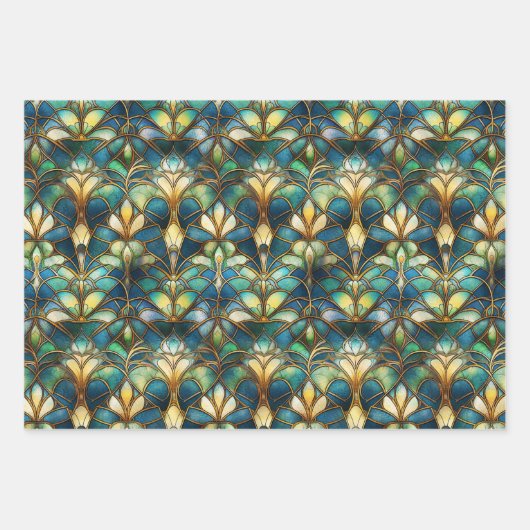 Blauw, blauwgroen en gouden Glas in lood Inpakpapier Vel (Voorkant 2)