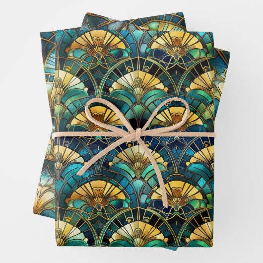 Blauw, blauwgroen en gouden Glas in lood Inpakpapier Vel (In situ)