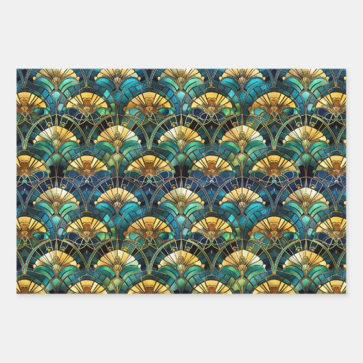 Blauw, blauwgroen en gouden Glas in lood Inpakpapier Vel (Voorkant)