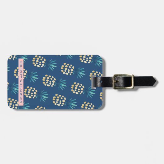 Blauw, Blauwgroen en gouden tropische anananasappe Bagagelabel (Voorkant horizontaal)