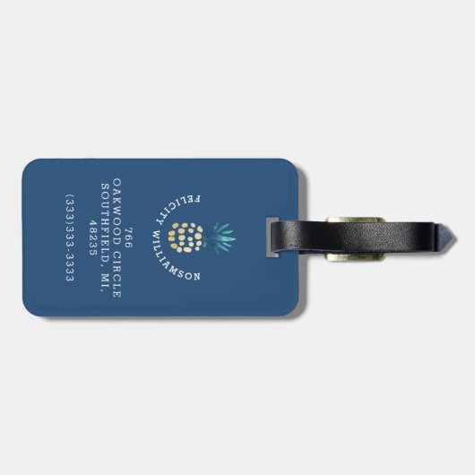 Blauw, Blauwgroen en gouden tropische anananasappe Bagagelabel (Achterkant horizontaal)