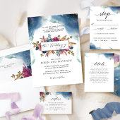 Blauw, Blauwgroen en Paarse Hemelse Bloemenbruilof Kaart