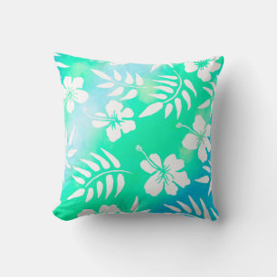  Blauw, Blauwgroen en Wit Aloha Hawaiian Style Kussen
