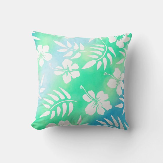  Blauw, Blauwgroen en Wit Aloha Hawaiian Style Kussen (Voorkant)