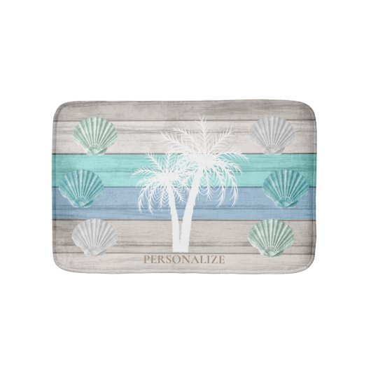 Blauw, Blauwgroen en Wit Beach hout / Zeeshells Badmat (Voorkant)