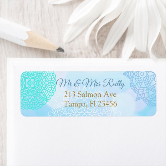 Blauw, Blauwgroen en wit Mandala Etiket (Insitu)