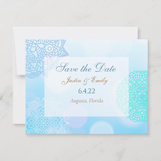 Blauw, Blauwgroen en wit Mandala sparen de Datum W Kaart (Voorkant)