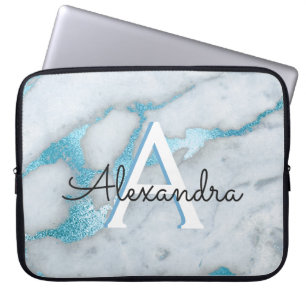 Blauw Blauwgroen en Wit Marmer Monogrammed Laptop Sleeve