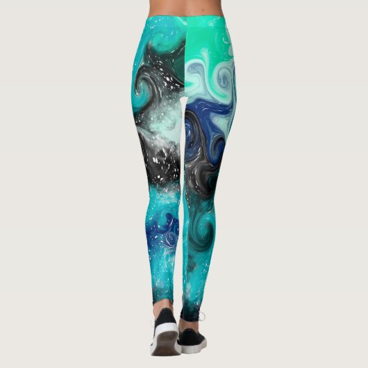 Blauw, Blauwgroen en zwart opgeruimd tekenmarmer Leggings (Achterkant)
