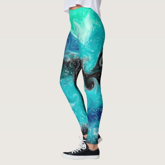 Blauw, Blauwgroen en zwart opgeruimd tekenmarmer Leggings (Links)