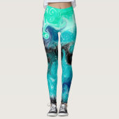 Blauw, Blauwgroen en zwart opgeruimd tekenmarmer Leggings (Voorkant)