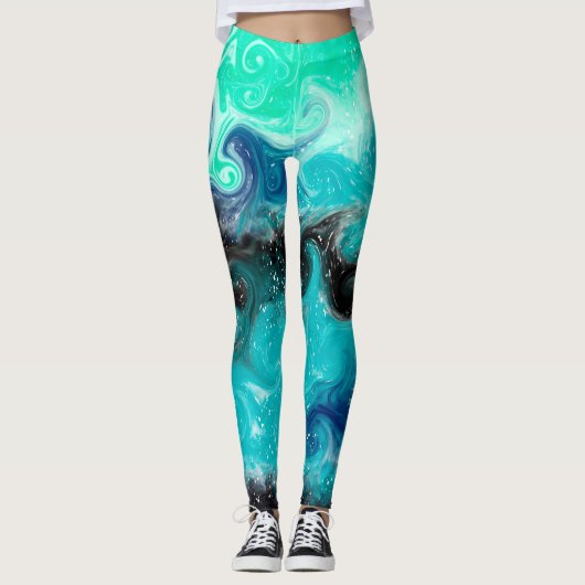 Blauw, Blauwgroen en zwart opgeruimd tekenmarmer Leggings (Voorkant)